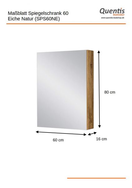 Spiegelschrank Breite 60 cm, Eiche Natur, vormontiert