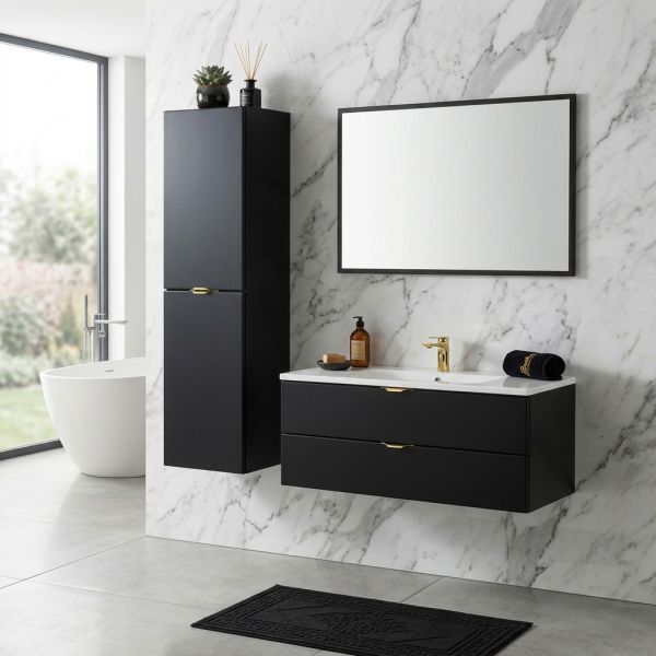 Badmöbel VICTOR 100 cm, schwarz matt, Waschbecken mit Unterschrank, 2 Softclose-Schubladen, vormontiert