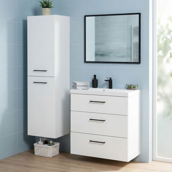 Badmoebel DOMINO SLim-Line 80 Tiefe 35 cm weiß matt Waschtisch und Unterschrank montiert