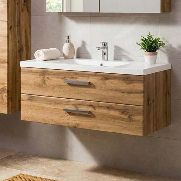 Badmöbel Genua, Breite 100 cm, Holzdekor Eiche Natur, 2 Softclose-Schubladen