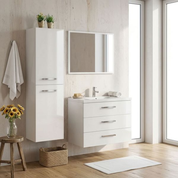 Badmöbel GENUA 80 cm XL Weiß glänzend mit Waschbecken, 3 Softclose-Schubladen, vormontiert