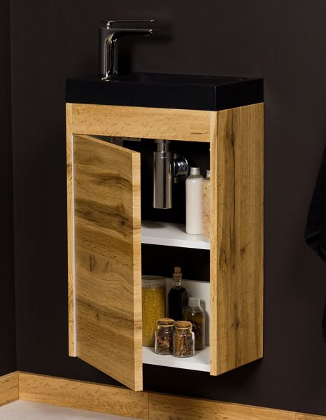 Badmöbel Guest 40, Unterschrank Eiche, Waschbecken schwarz, Eiche Natur, GT4062-2S
