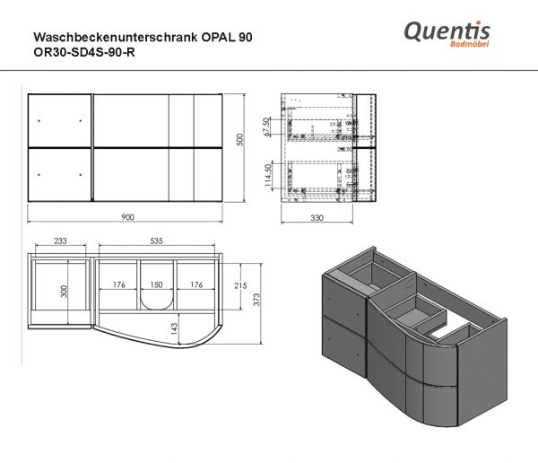Badmöbel OPAL, Breite 90 cm, weiß glänzend, Waschtischunterbau montiert