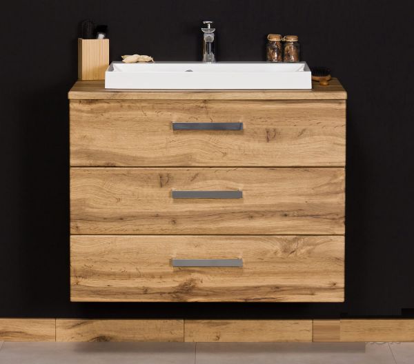 Badmöbel SUSAN 80 cm, Eiche, 3 Schübe, Waschtischunterbau aufgebaut