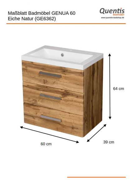 Badmöbel Genua 60, 3 Schubladen, Eiche Natur (GE6362)