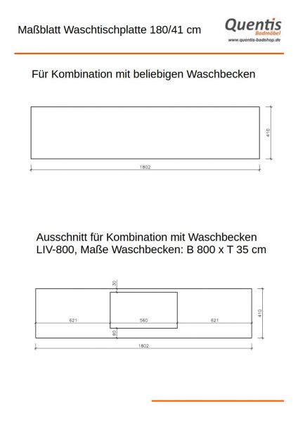 Badmöbel SUSAN Breite 180 cm, Weiß/ Eiche Natur, Waschtischunterbau montiert