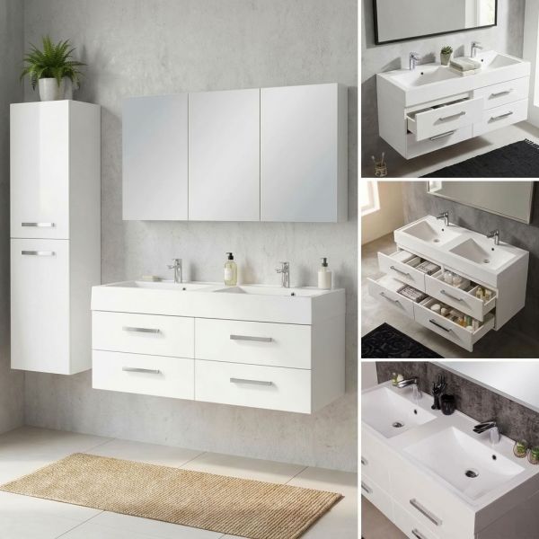 Doppelwaschtisch ARUVA 120 cm, Weiß glänzend, mit Unterschrank, 4 Schubladen, vormontiert