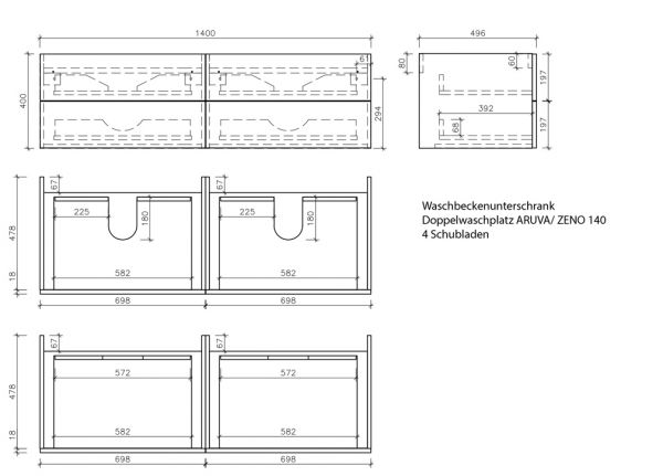Badmöbel ZENO Breite 140 cm, Holzdekor antik, Doppelwaschtisch mit Unterschrank, montiert