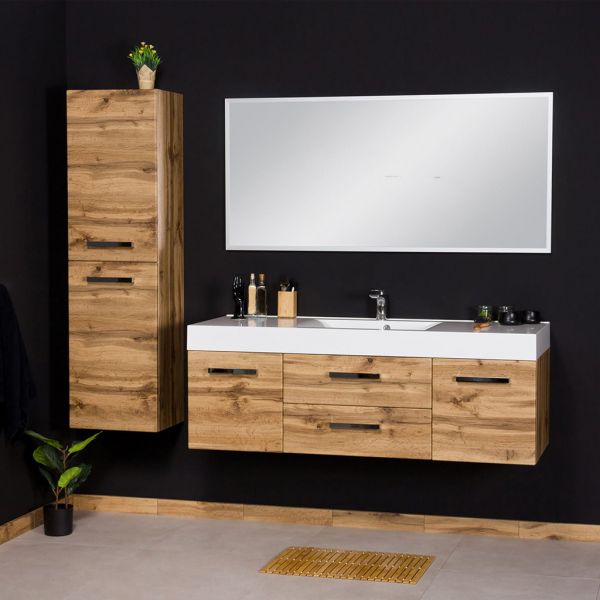 Badmöbel ZENO-LOFT-Loft, Breite 140 cm, Eiche Natur, Griffe schwarz, Waschtischunterschrank montiert ZE1462ELOFT