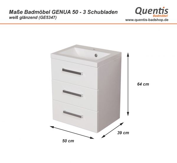 Maßblatt Badmöbel Genua, Breite 50 cm, 3 Schubladen, weiß (GE5347)