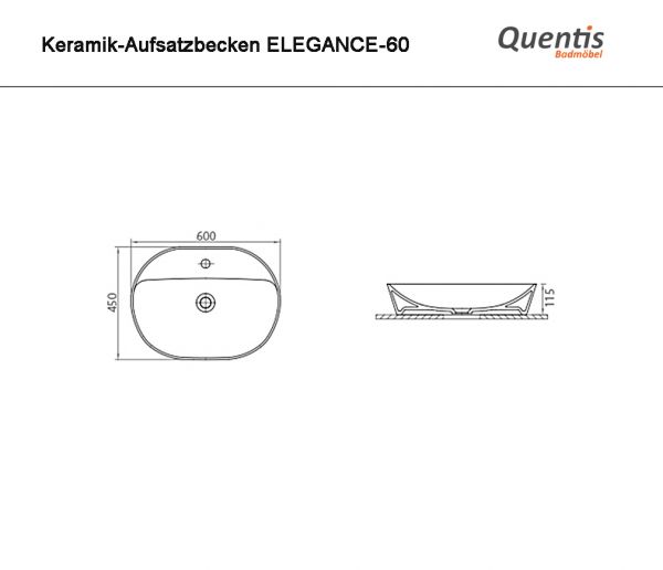 Keramik-Aufsatzwaschtisch ELEGANCE, B 61 H 12,5 T 46 cm, weiß