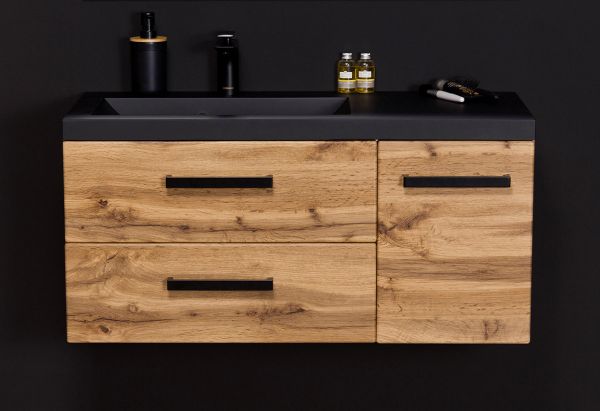 Quentis Badmoebel Fokus Loft 90 cm Eiche Natur Waschbecken schwarz matt FKSN90262