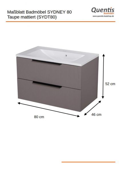 Badmöbel SYDNEY 80 cm, Taupe matt, Waschtisch und Unterschrank (montiert)
