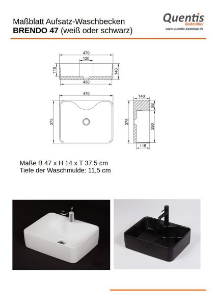 Aufsatzwaschbecken BRENDO 47, Keramik, weiß