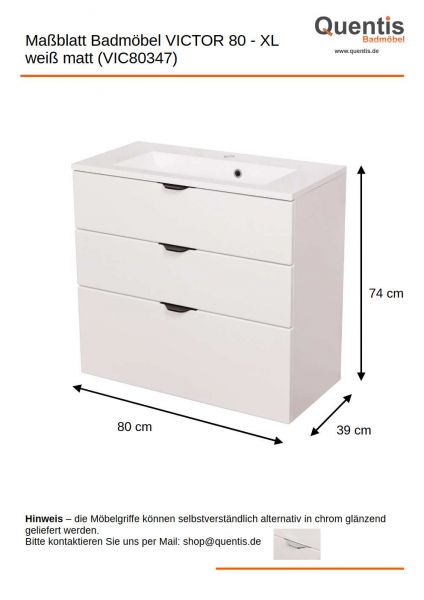 Badmöbel VICTOR 80, Waschtischunterbau mit 3 Schubladen inkl. Waschbecken, weiß matt