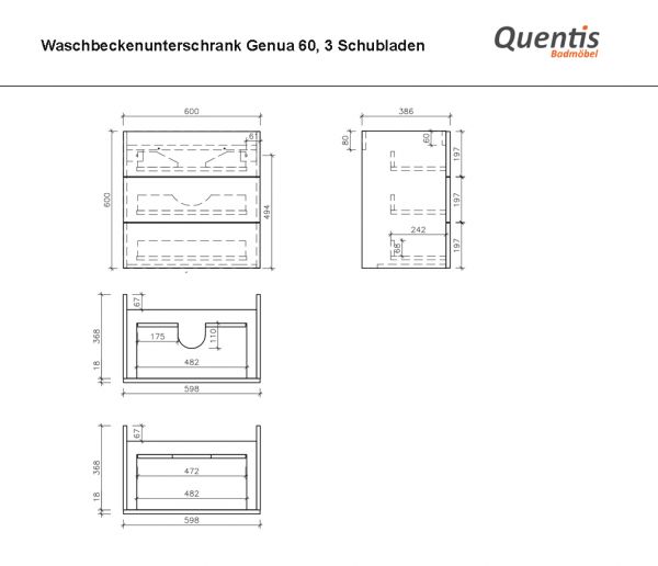Badmöbel GENUA, Breite 60 cm, 3 Schubladen, grafitgrau