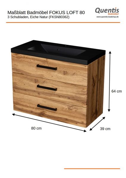 Badmöbel FOKUS LOFT 80-XL, Eiche Natur, Waschtisch schwarz matt, Waschtischunterschrank montiert