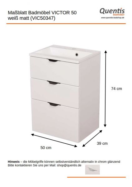 Badmöbel VICTOR 50, Waschtischunterbau mit 3 Schubladen, seidenmatt weiß