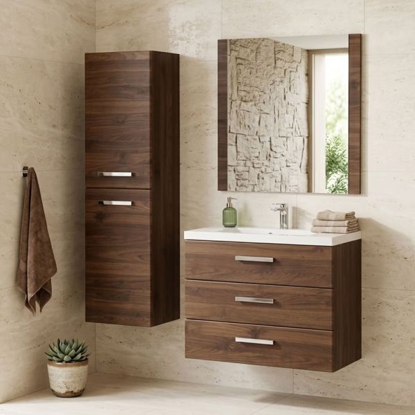 Badmöbel GENUA 80-XL, Holzdekor Nussbaum mit passendem Hochschrank