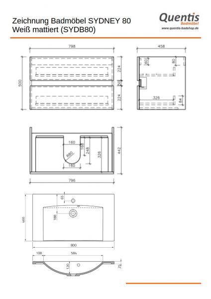 Quentis Badmoebel SYDNEY 80 cm weiß matt Waschtisch mit Unterschrank montiert SYDB80