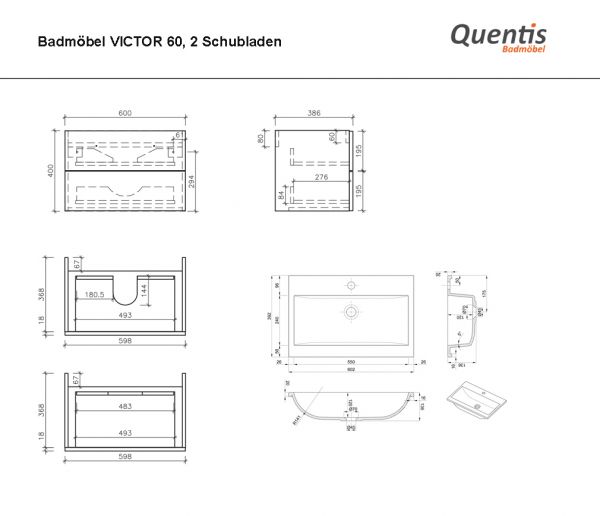 Badmöbel VICTOR 60, Waschtischunterbau mit 2 Schubladen, seidenmatt weiß