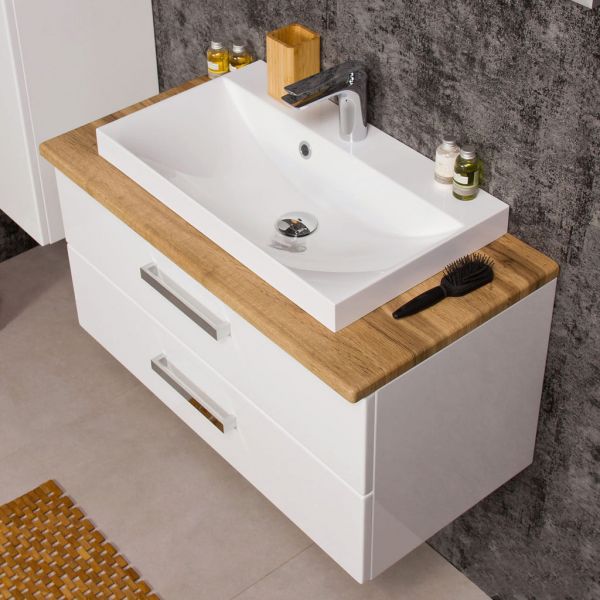 Badmöbel SUSAN 80 cm Weiß Hochglanz / Eiche Natur mit Waschbecken, 2 Schubladen