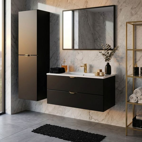 Badmöbel VICTOR 80, Waschtischunterbau mit 2 Schubladen inkl. Waschbecken, schwarz matt
