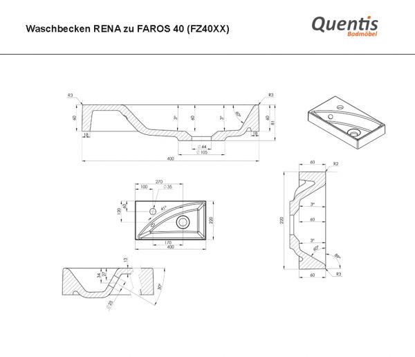 Badmöbel Gäste-WC FAROS 40, Marineblau matt, Waschbeckenunterschrank montiert