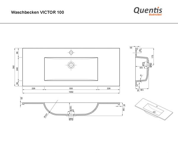Badmöbel VICTOR 100 cm, seidenmatt schwarzt, Waschbeckenunterschrank montiert