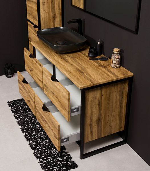 Badmöbel COSMO 120 cm, bodenstehend, Eiche/ Schwarz, Aufsatzbecken schwarz