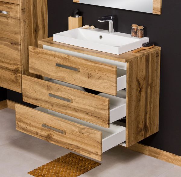 Badmöbel Susan, Breite 80 cm, Eiche, 3Schübe, Waschtischunterbau aufgebaut