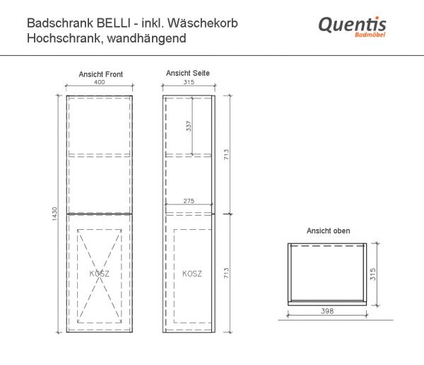 Badschrank BELLI mit Wäschekippe, Maßblatt