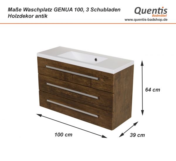 Quentis GENUA Badmöbelset 2-teilig, 100 cm breit, 3 Schubladen, Holzdekor antik, montiert