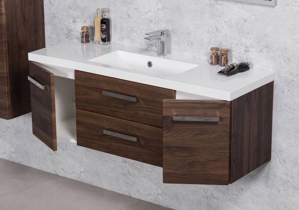 Badmöbel GENUA 120 cm, Holzdekor Nussbaum, gedämpfte Türscharniere