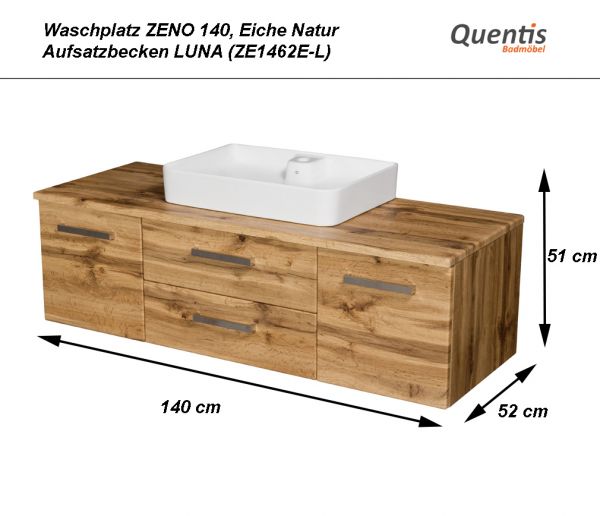 Badmöbel ZENO, Breite 140 cm, Eiche Natur, Keramikaufsatzbecken LUNA