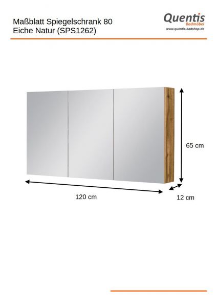 Spiegelschrank Breite 120 cm, Eiche Natur, montagefertig