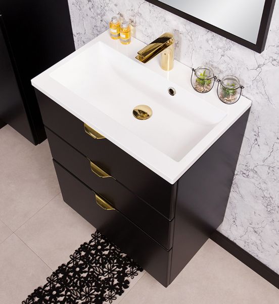 Badmöbel VICTOR 60 cm, Waschtischunterbau mit 3 Schubladen inkl. Gussmarmorbecken, schwarz matt