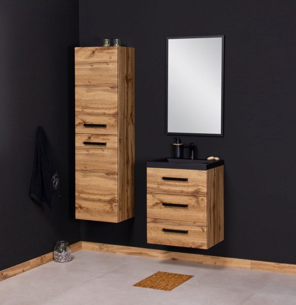 Badmöbel Fokus LOFT 50-XL, Eiche Natur, Waschtisch schwarz matt, Waschtischunterschrank montiert