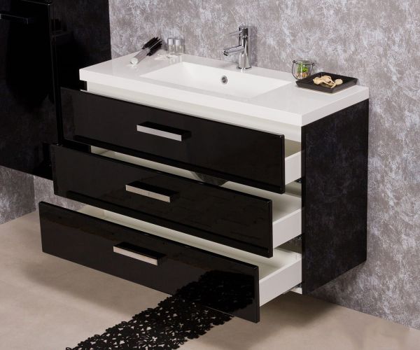 Badmöbel GENUA 100 cm schwarz 3 Schubladen montiert GE1348