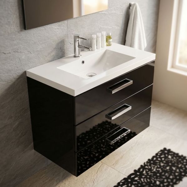 Badmöbel Genua XL, Breite 80 cm, 3 Schubladen, schwarz glänzend