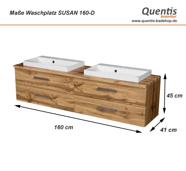Badmöbel SUSAN 160 Eiche Natur, Doppelwaschplatz, Waschtischunterbau montiert