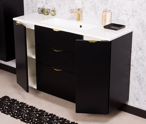 Badmöbel VICTOR 120 cm, seidenmatt schwarz, Waschtischunterbau mit 3 Schubladen (montiert)