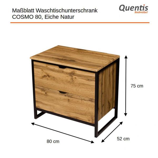 Maße Waschtischunterschrank COSMO 80, Eiche Natur