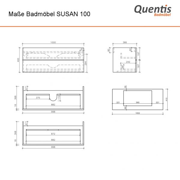 Badmöbel SUSAN 100 cm, Weiß Hochglanz, inkl. Waschbecken, 2 Schubladen, vormontiert