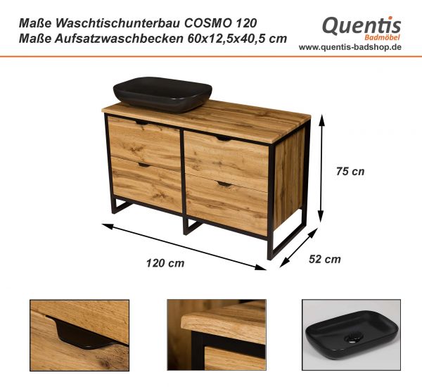 Maße Badmöbel Cosmo, Breite 120 cm, Aufsatzbecken PREMIUM 60, schwarz matt