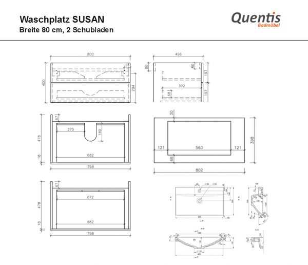 Badmöbel SUSAN Breite 80 cm, Eiche Natur, Waschtischunterbau montiert