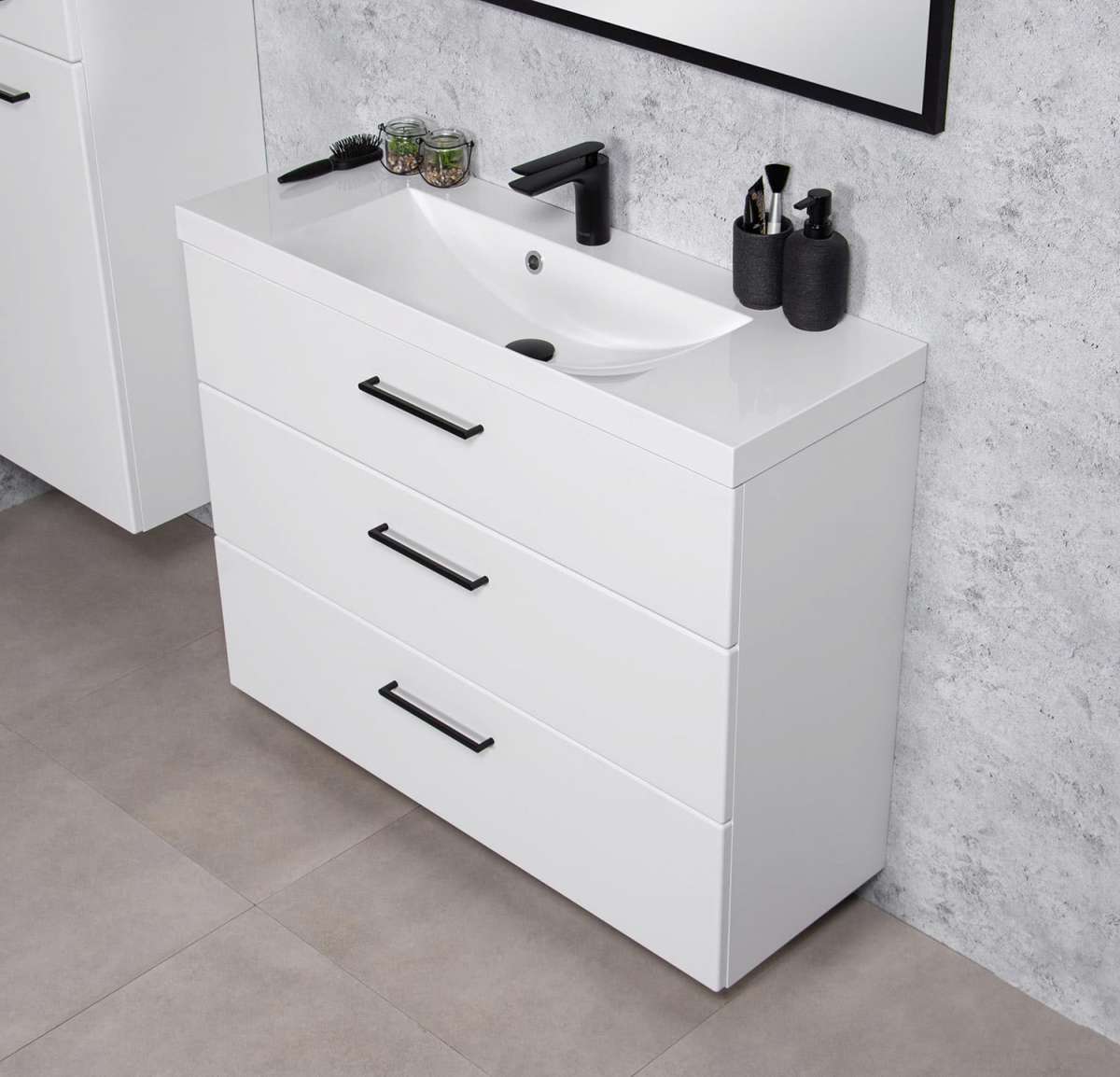 Badmoebel DOMINO SLim-Line 100 Tiefe 35 cm weiß matt Waschtisch und Unterschrank montiert
