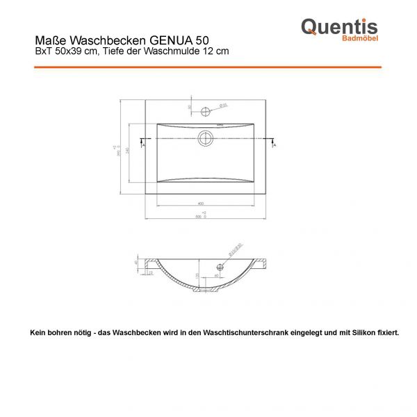Badmöbel GENUA 50 cm, schwarz glänzend, Waschtischunterschrank montiert, inkl. Waschbecken