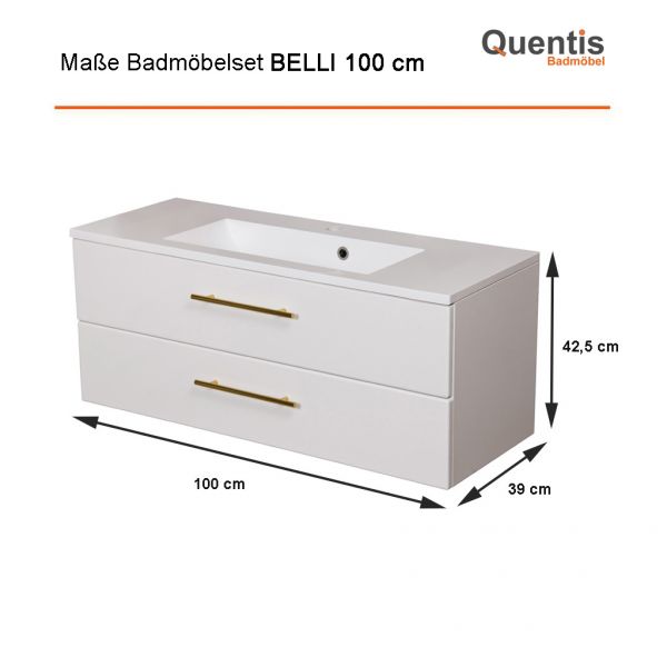 Badmöbel BELLI 100 cm Weiß matt – Waschbecken mit Unterschrank, 2 Schubladen, vormontiert
