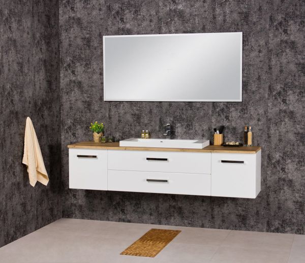 Badmöbel SUSAN, Breite 180 cm, Weiß/ Eiche Natur, Waschtischunterbau montiert